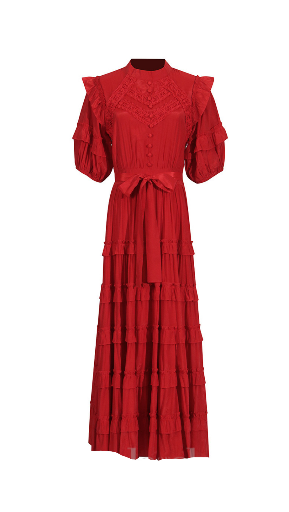 LACE RUFFLE TRIM LAYER MIDI DRESS IN RED