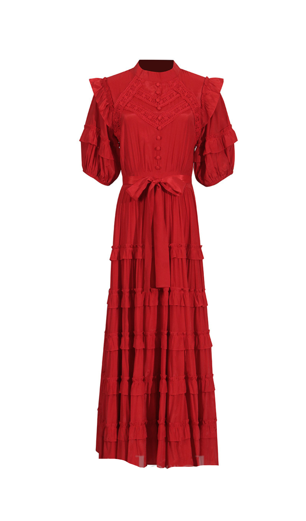 LACE RUFFLE TRIM LAYER MIDI DRESS IN RED