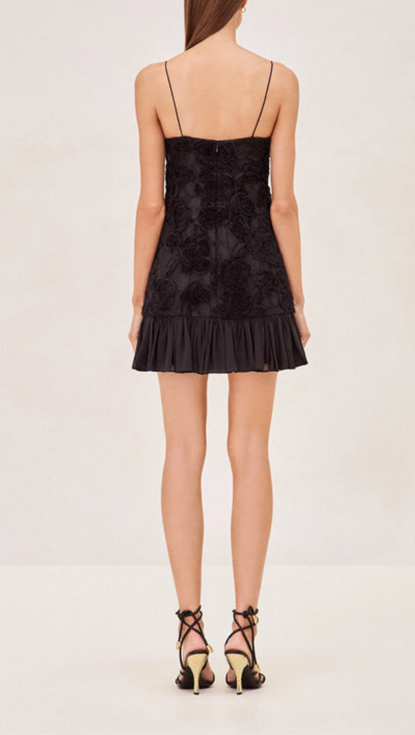 AIIZIE FLORAL APPLIQUÉ PLEATED HEM MINI DRESS IN BLACK - product image