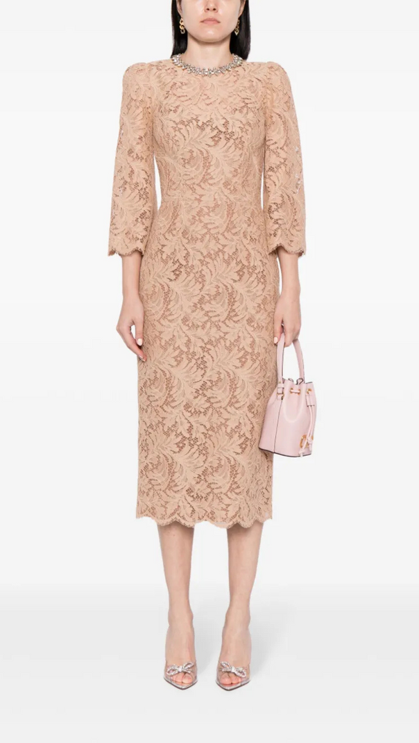 ACOTAS LACE CRYSTAL-EMBELLISHED MIDI DRESS IN NUDE
