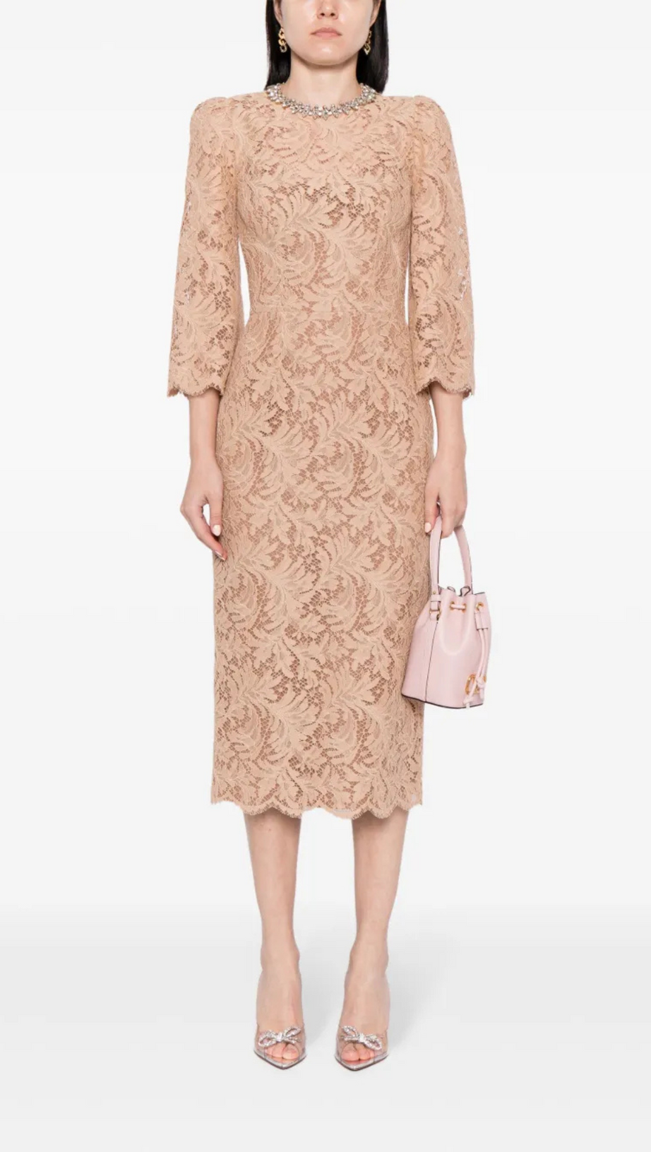 ACOTAS LACE CRYSTAL-EMBELLISHED MIDI DRESS IN NUDE