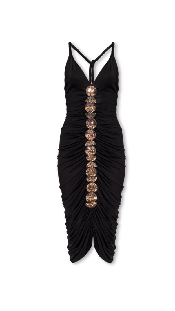 AIIZIE APPHIA METALLIC SEQUIN-EMBELLISHED PLEATED MIDI DRESS IN BLACK - product image