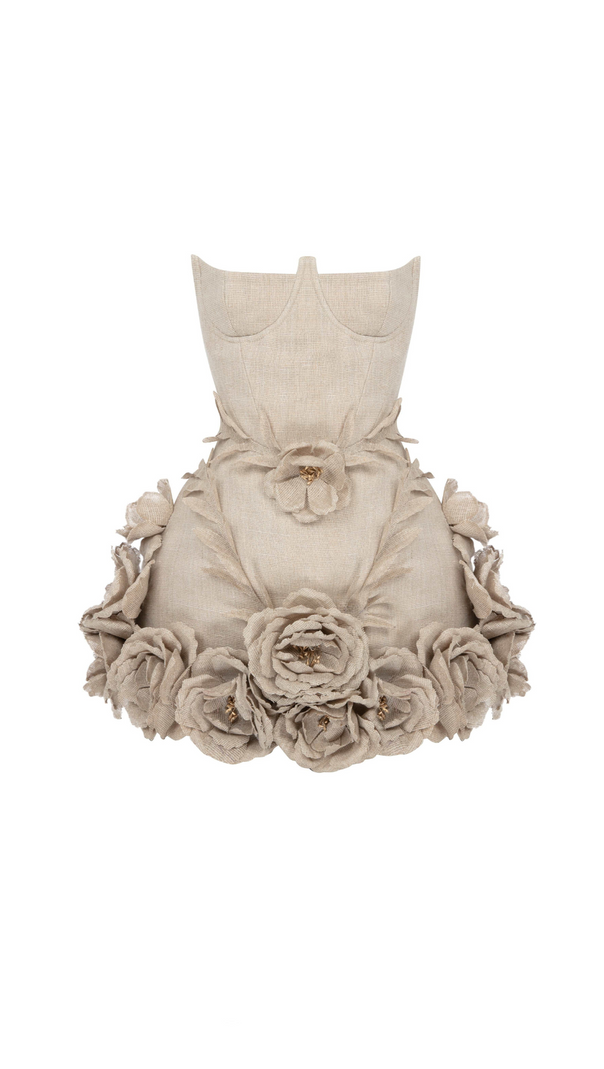 AIIZIE SALOME BEIGE LINEN CORSET FLOWER DETAILS MINI DRESS - product image