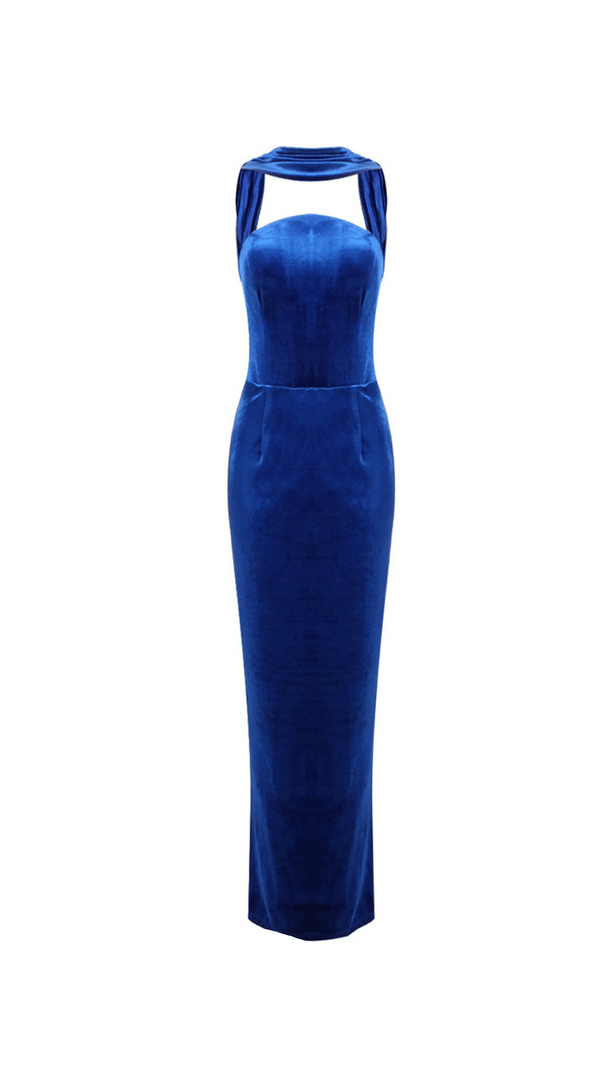 AIIZIE JOSEPHINE OFF-SHOULDER VELVET SASH GOWN IN BLUE - product image