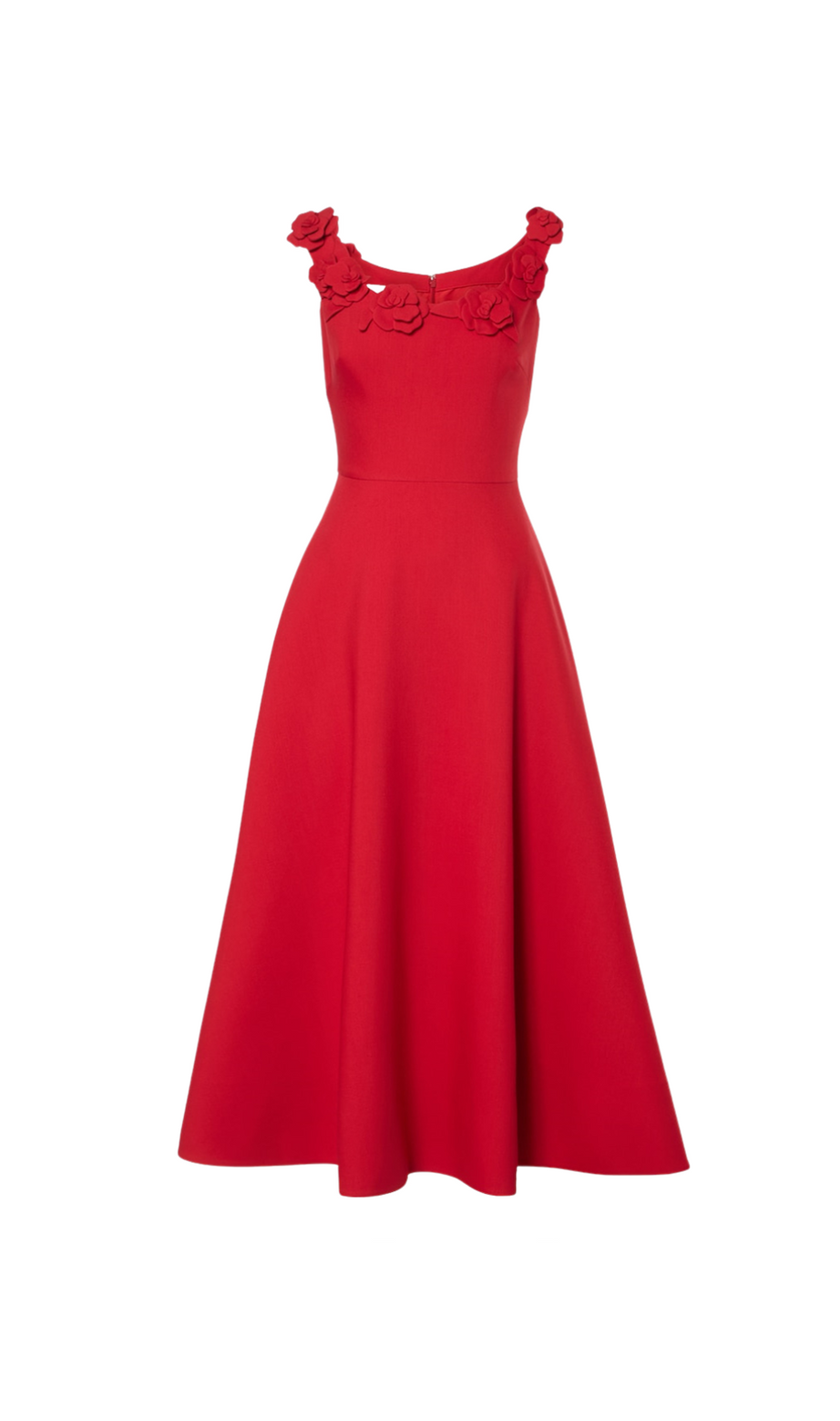 ULA MIDIKLEID MIT VERZIERUNG UND BLUMENMUSTER UND RUNDHALSAUSSCHNITT IN ROT