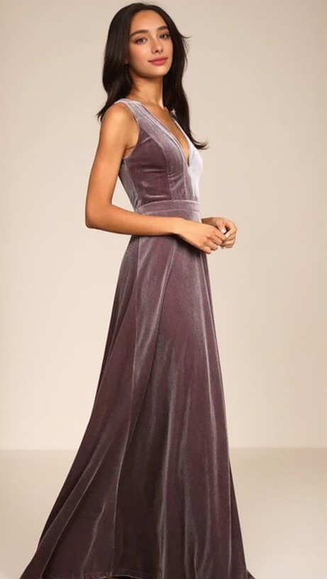 BEAUTIFUL NIGHT DUSTY PURPLE VELVET SLEEVELESS MAXI DRESS