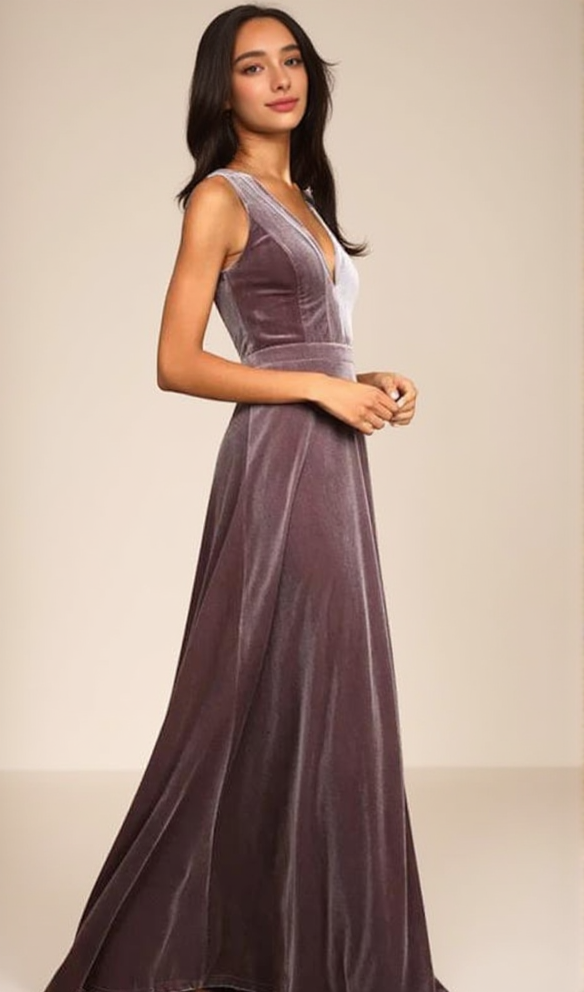 BEAUTIFUL NIGHT DUSTY PURPLE VELVET SLEEVELESS MAXI DRESS