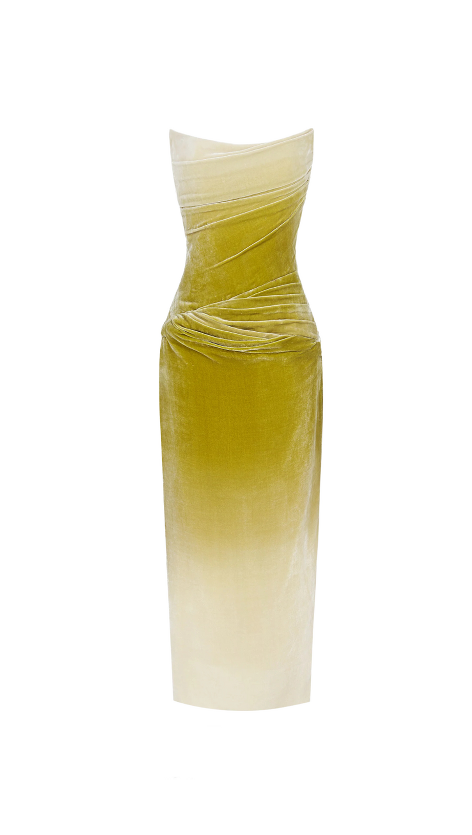RUCHED VELVET STRAPLESS MIDI DRESS IN GREEN GRADIENT