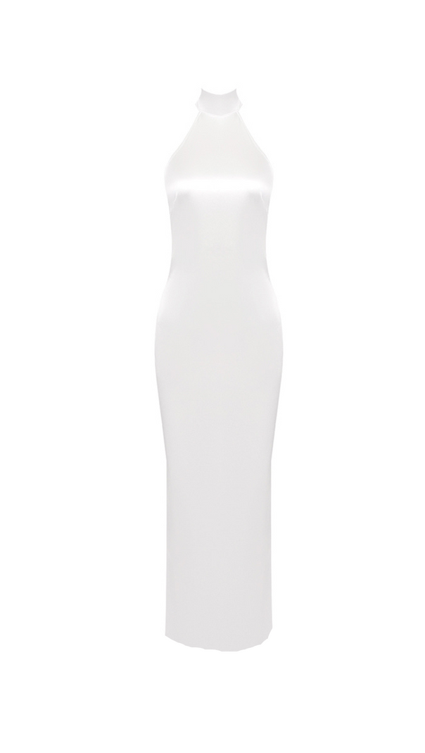 AIIZIE MIGNON SATIN BELT BACKLESS PEARL EMBELLISHED MAXI DRESS IN WHITE - product image