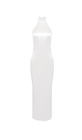 MIGNON SATIN BELT BACKLESS PEARL EMBELLISHED MAXI DRESS IN WHITE