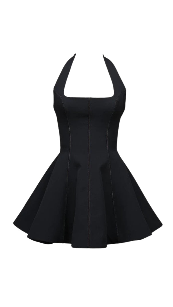 SANDY HALTERNECK BOW-EMBELLISHED MINI DRESS IN BLACK