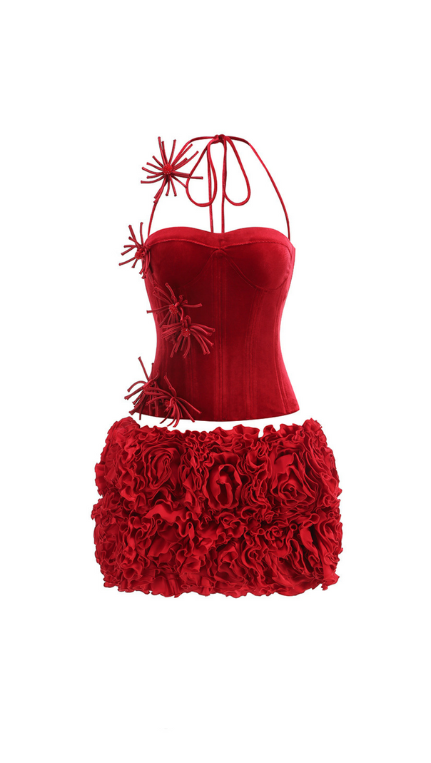 AIIZIE VELVET CORSET FLORAL MINI SKIRT SUIT IN RED - product image