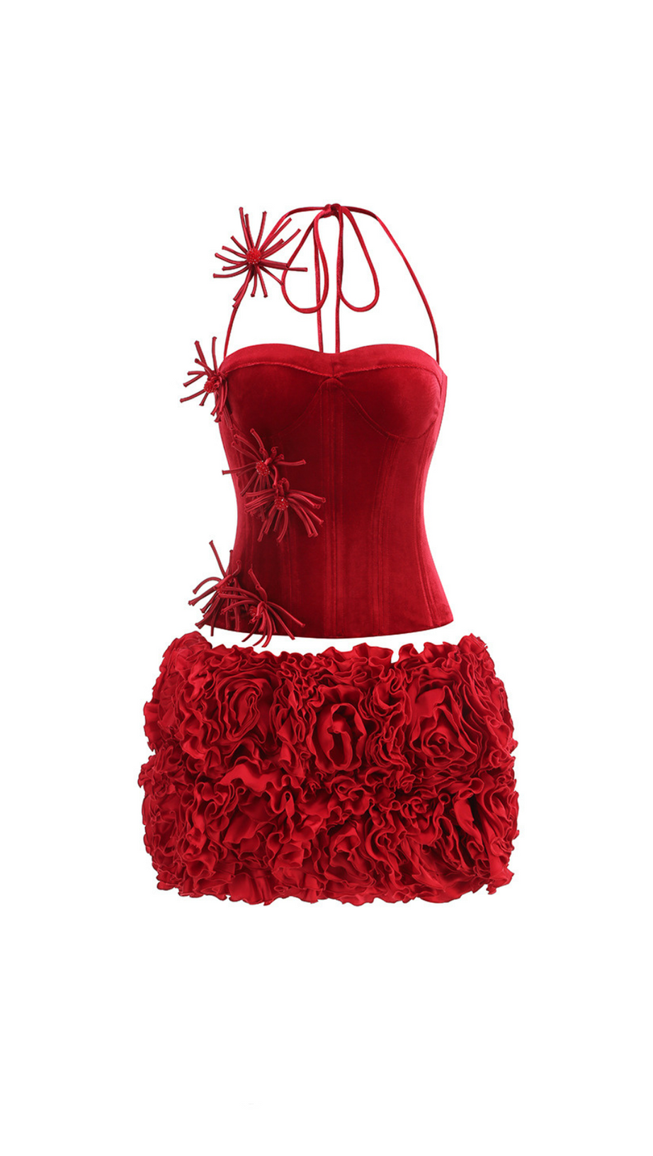 minigonna floreale con corsetto in velluto rosso