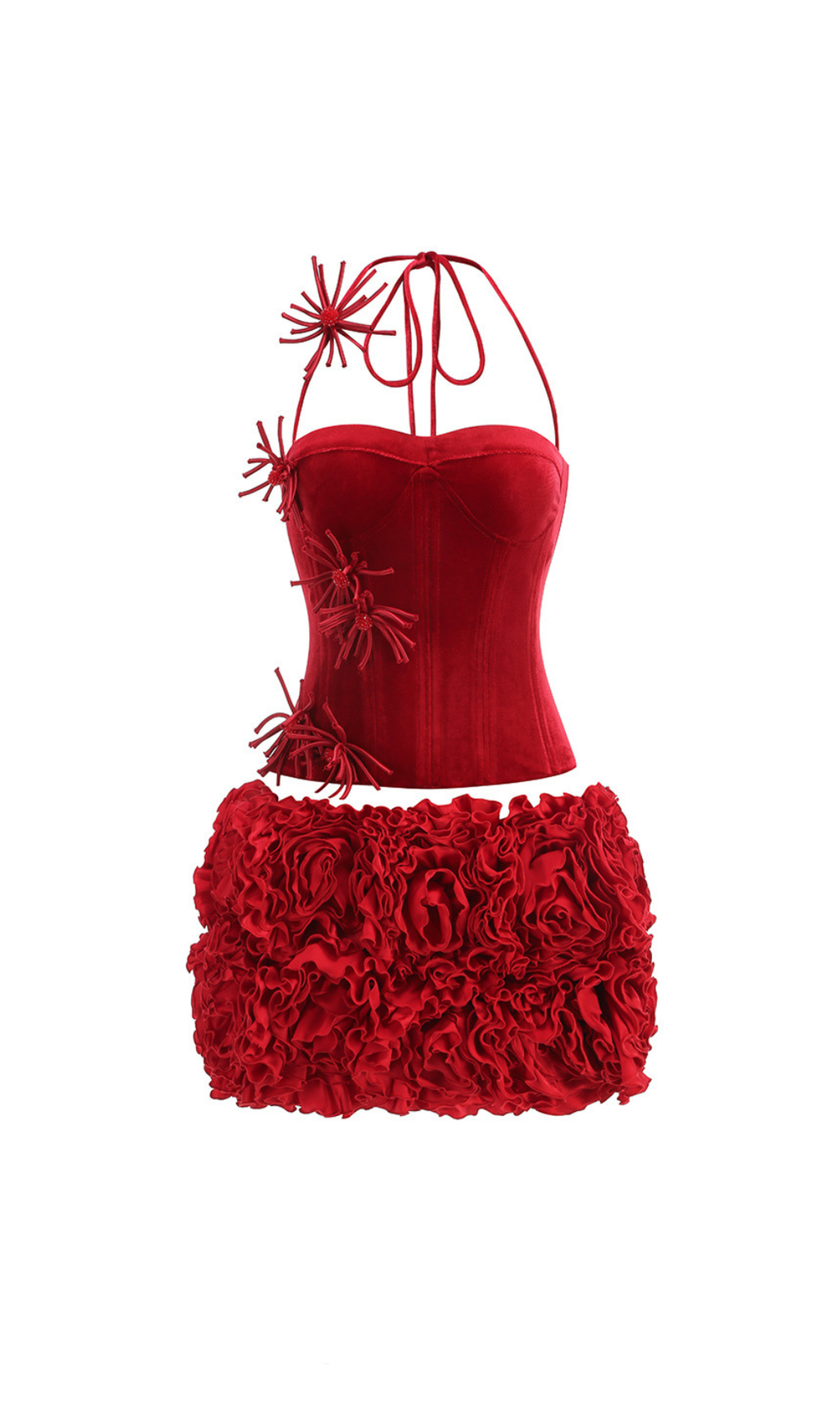 COMPLETO CON MINIGONNA FLOREALE E CORSETTO IN VELLUTO ROSSO
