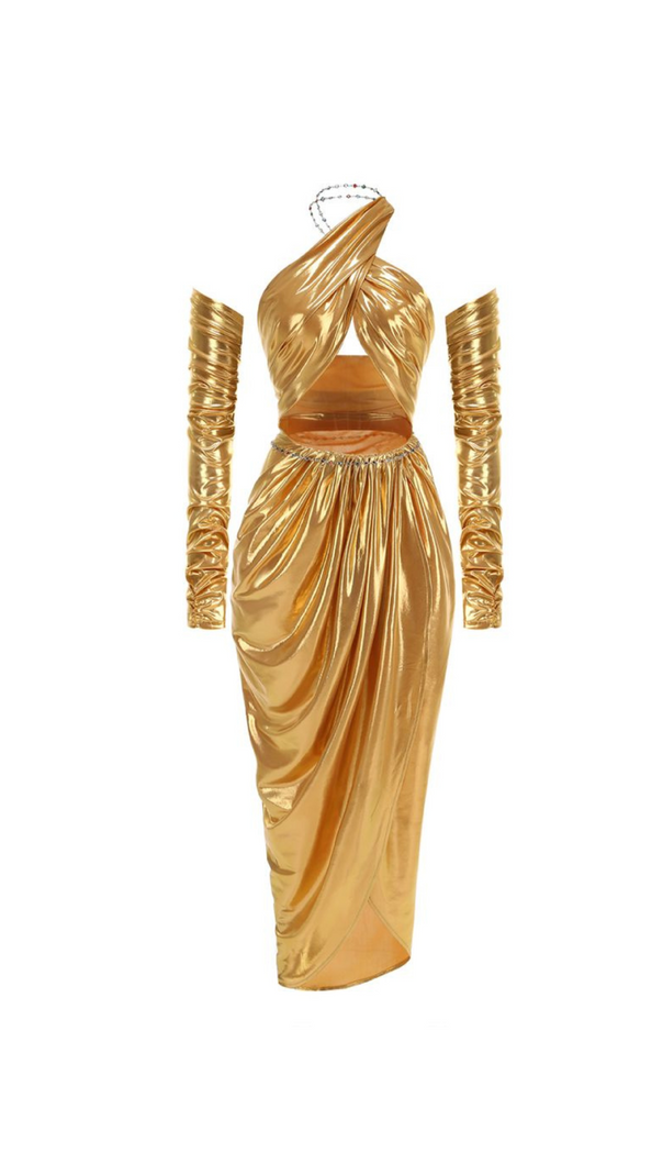 AIIZIE ANILA YELLOW RUCHED LEATHER MIDI DRESS - product image