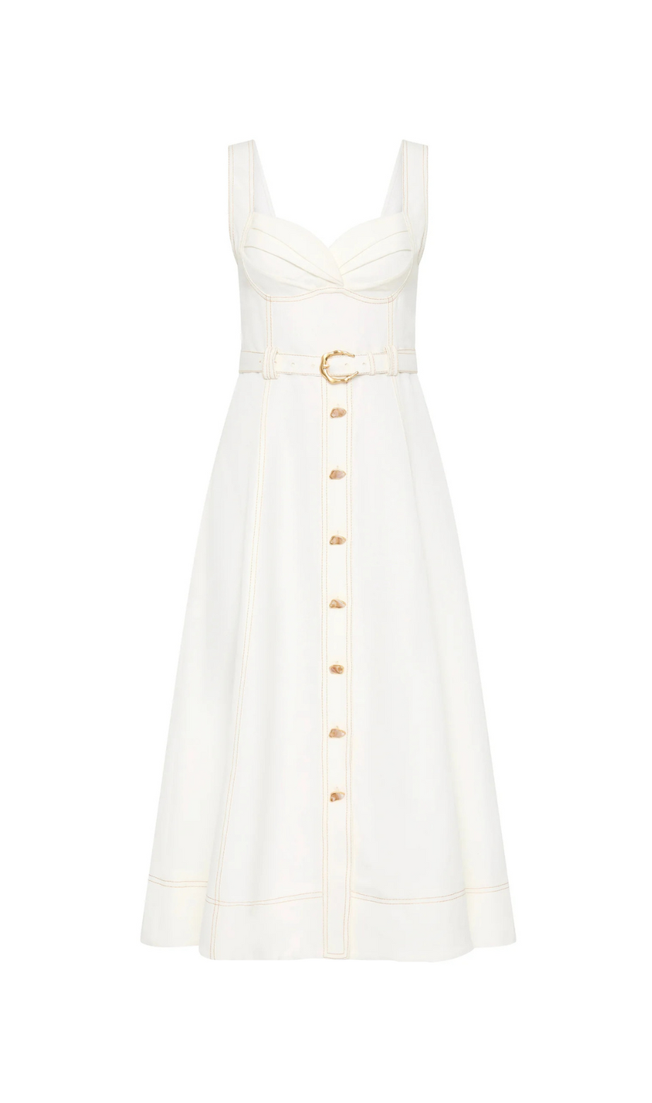 Midikleid mit herzförmigem Ausschnitt und Gürtel in Elfenbein