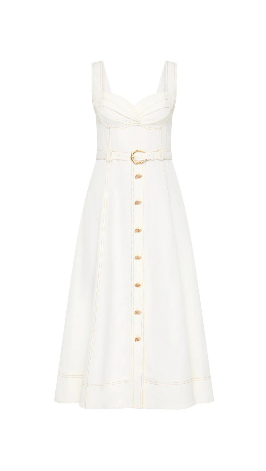Midikleid mit herzförmigem Ausschnitt und Gürtel in Elfenbein
