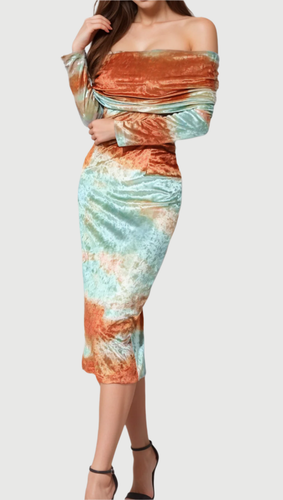 ADELAIDE RUCHED VELVET STRAPLESS MIDI DRESS IN GREEN BROWN