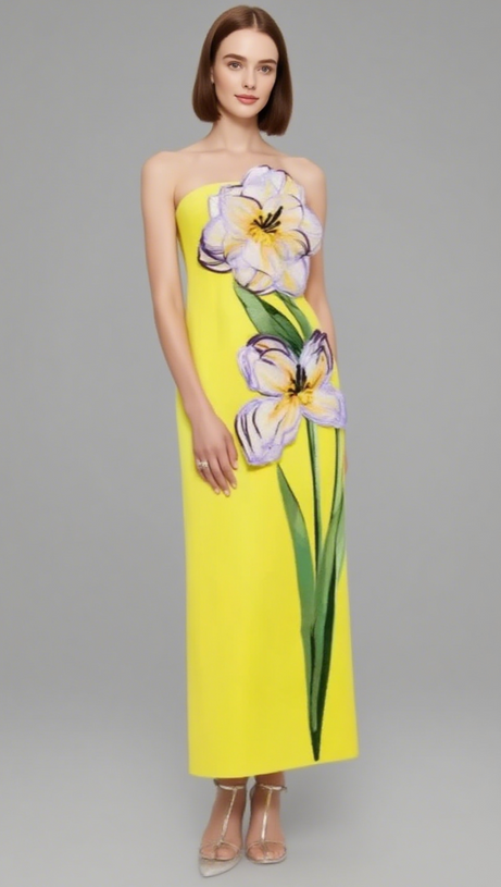 SUZANNE APPLIQUÉ FLORAL BUSTIER MAXI DRESS IN YELLOW