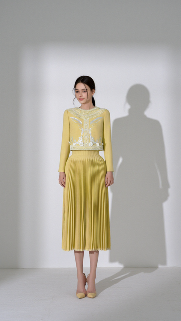 AIIZIE DRAPED TOP PLEAT SKIRT SET IN YELLOW - product image
