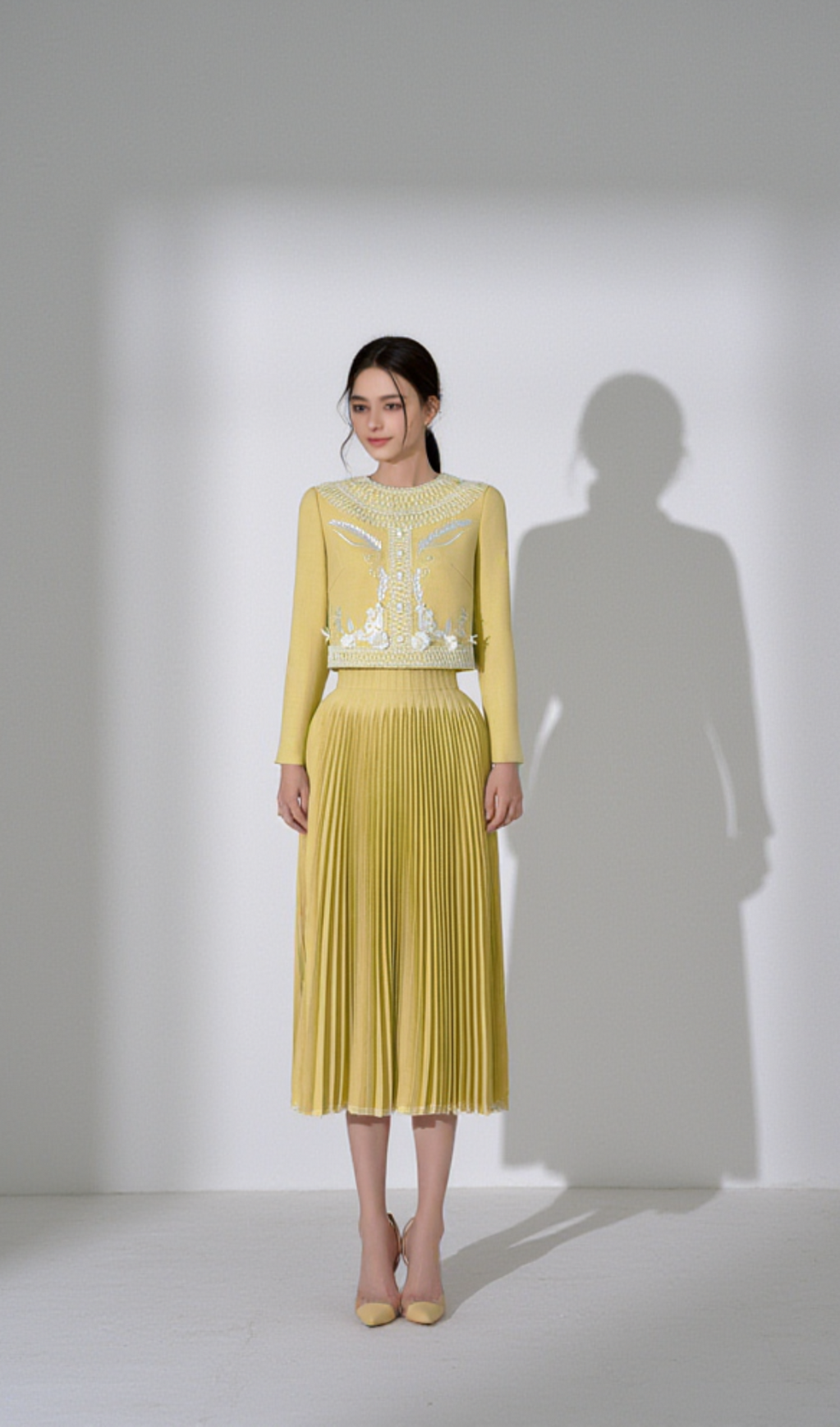 DRAPED TOP PLEAT SKIRT SET IN YELLOW