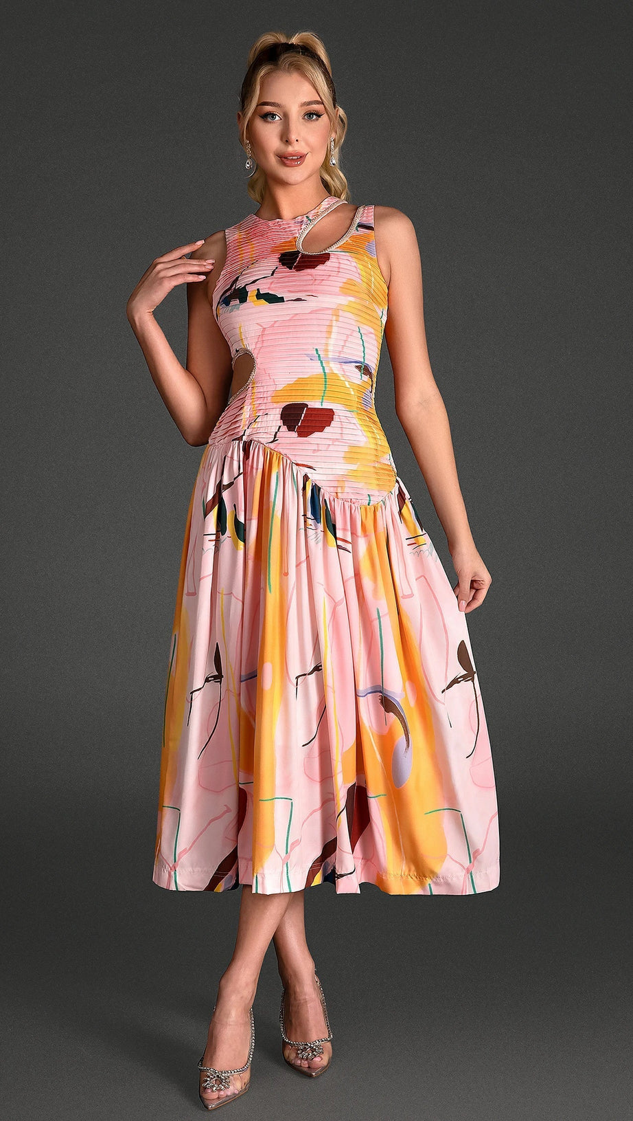 Salloulis ärmelloses bedrucktes Cut-Out-Kleid