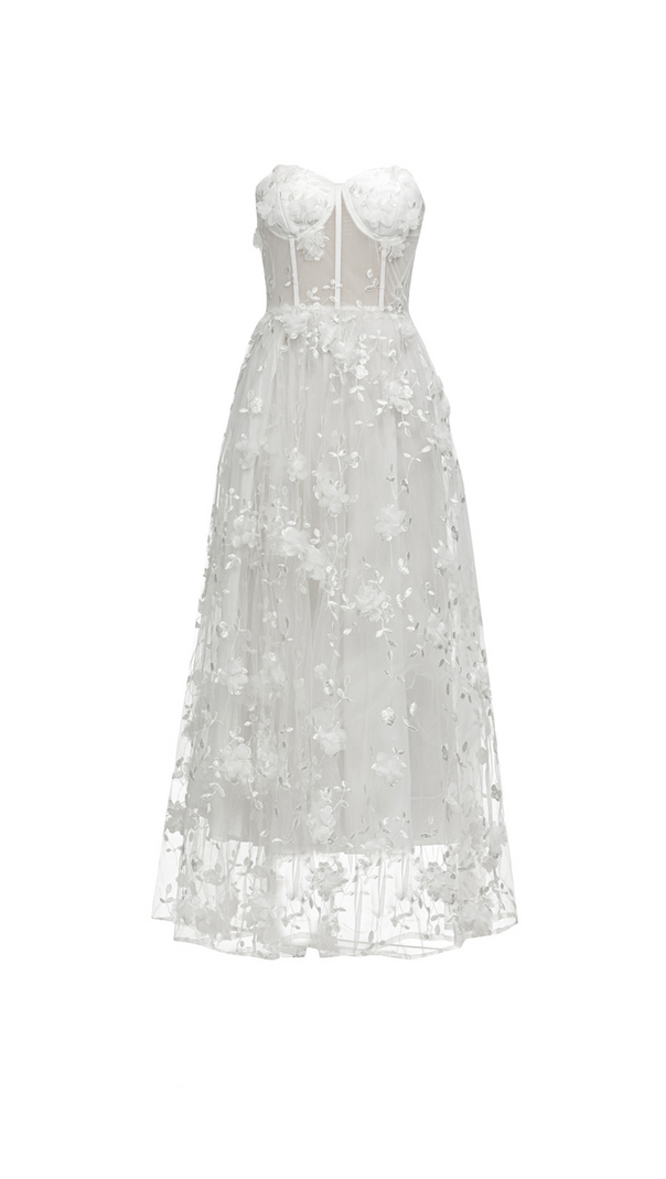 AIIZIE ENID WHITE FLORAL APPLIQUE MESH BANDAGE TUBE MAXI DRESS - product image