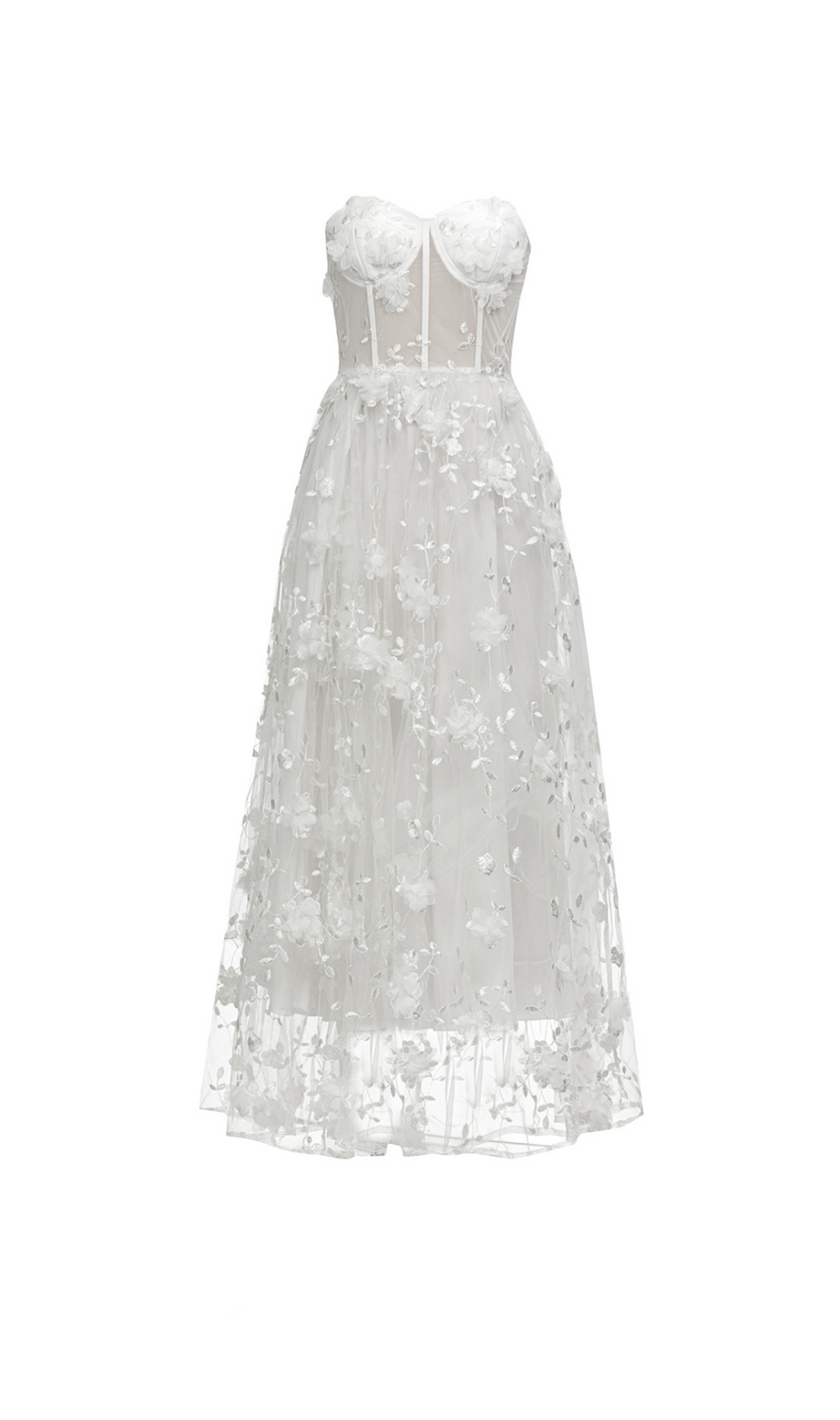 ENID WEISSES MAXIKLEID MIT BLUMENAPPLIKATIONEN AUS NETZBANDAGE