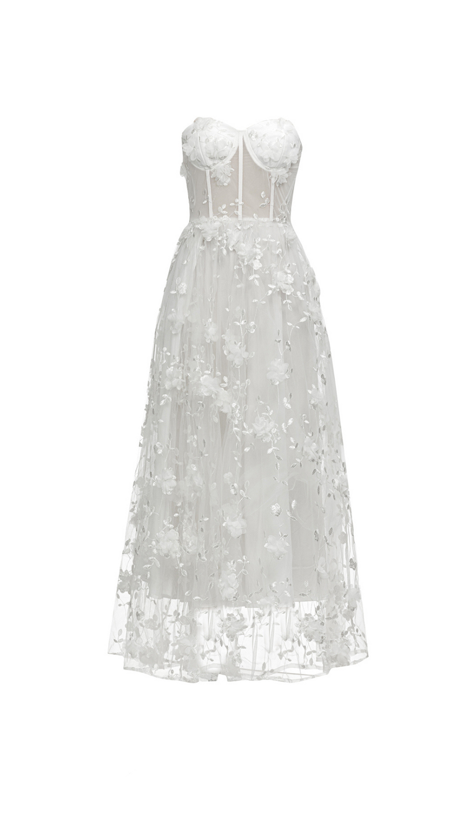 ENID WHITE FLORAL APPLIQUE MESH BANDAGE TUBE MAXI DRESS