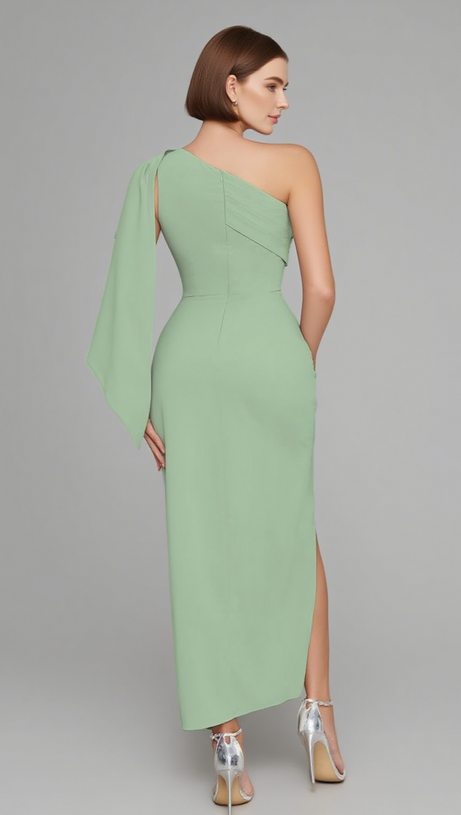 One-Shoulder-Midikleid mit gerafftem Schlitz in Grün
