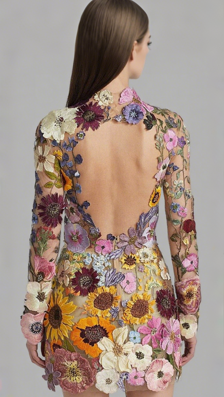 EMBROIDERED FLOWER LONG SLEEVE MINI DRESS