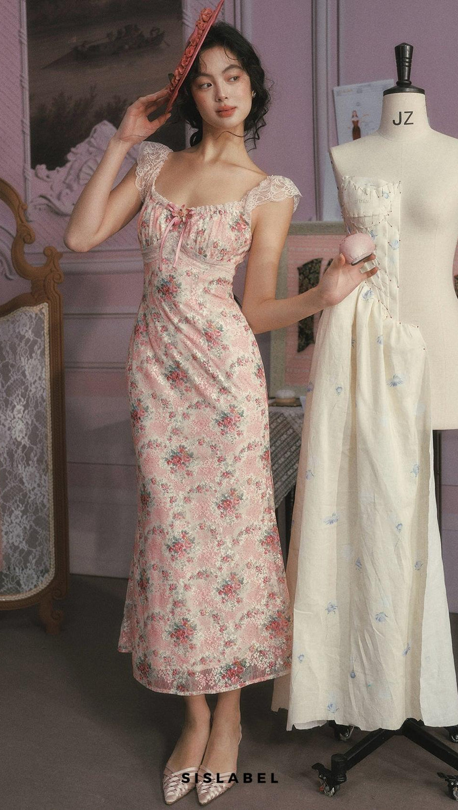 julie floral print lace trim midi dress - pink