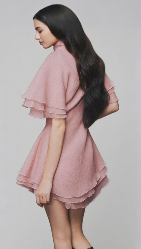 Mini-Chiffon-Hemdkleid mit Lagenbesatz in Rosa