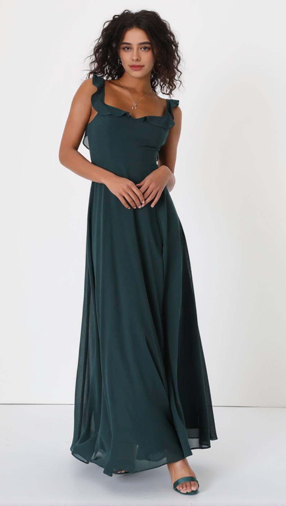 DREAMY ADMIRATION EMERALD GREEN RUFFLED MAXI DRESS