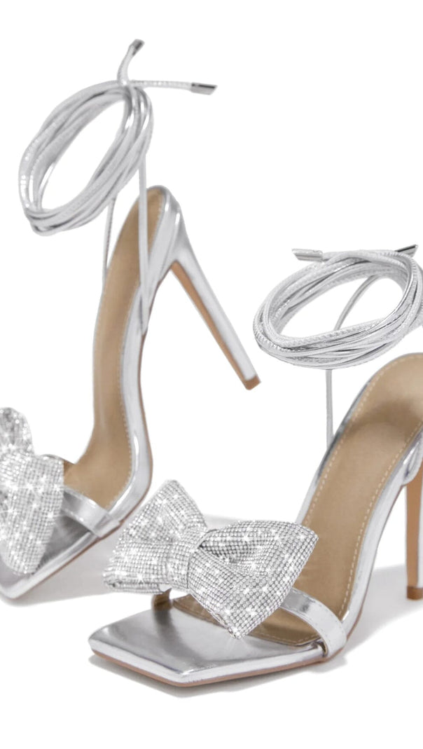 AIIZIE SILVER CROSS-LACE RHINESTONE BOW HEELS - product image