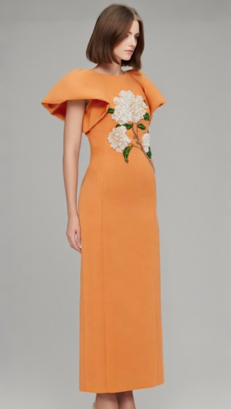 ABITO LUNGO DECORATO EDWINA CON STAMPA ORTENSIA IN MANDARINO