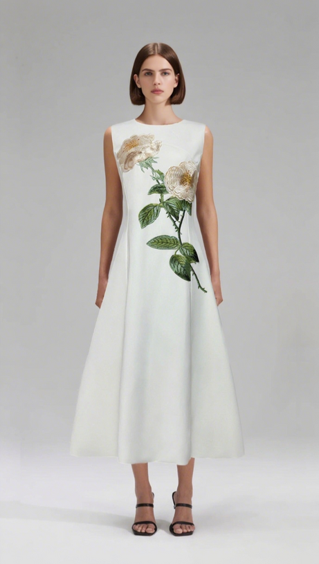 KATE FLORAL PRINT EMBELLISHED SLEEVELESS MIDI DRESS IN BLACK