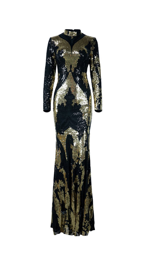 AIIZIE SEQUIN LONG SLEEVE BODYCON MAXI DRESS IN BLACK - product image