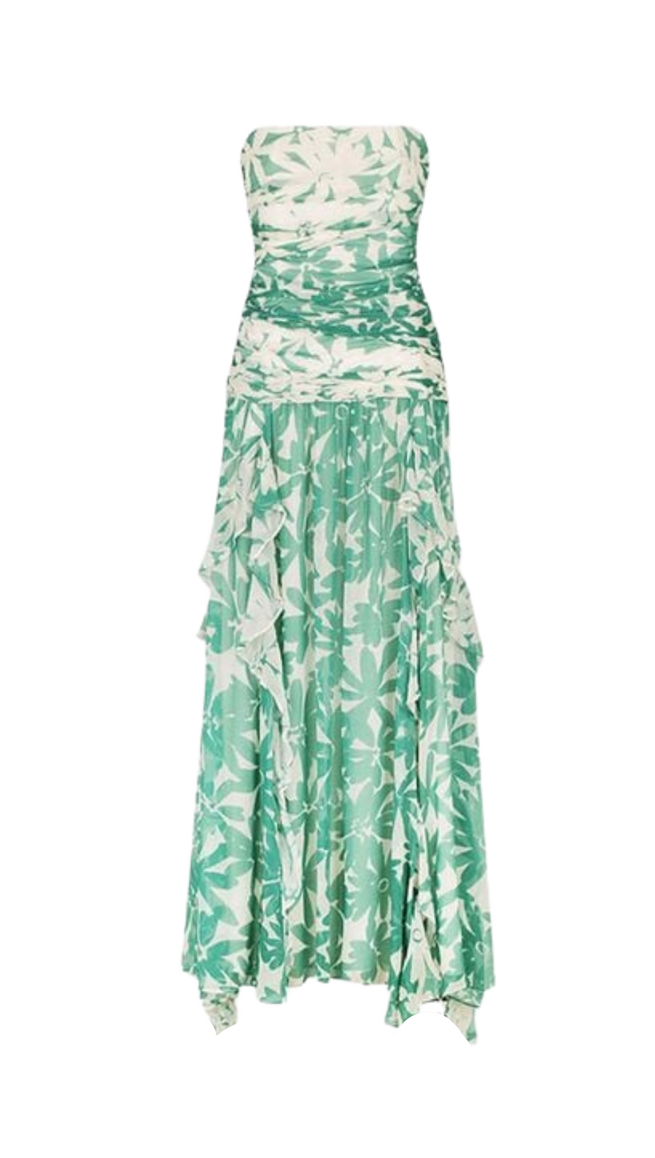 TRÄGERLOSES MAXIKLEID MIT DRUCK UND KONTRAST IN GRÜN