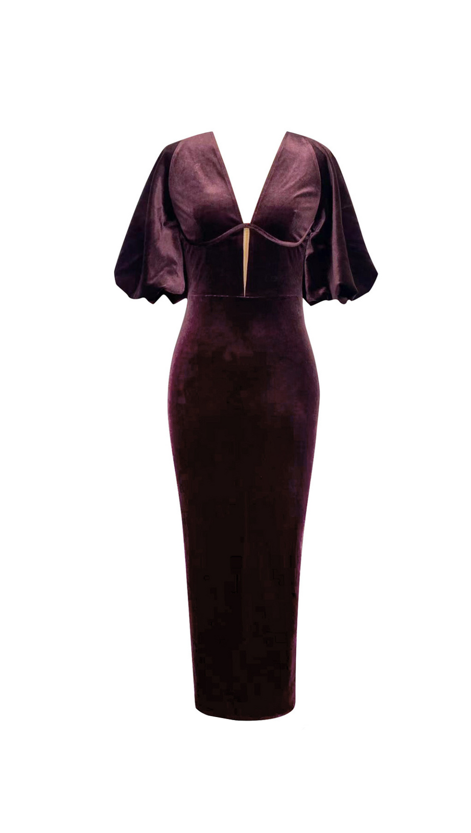 LANTERN SLEEVE VELVET MAXI DRESS IN BURGUNDY