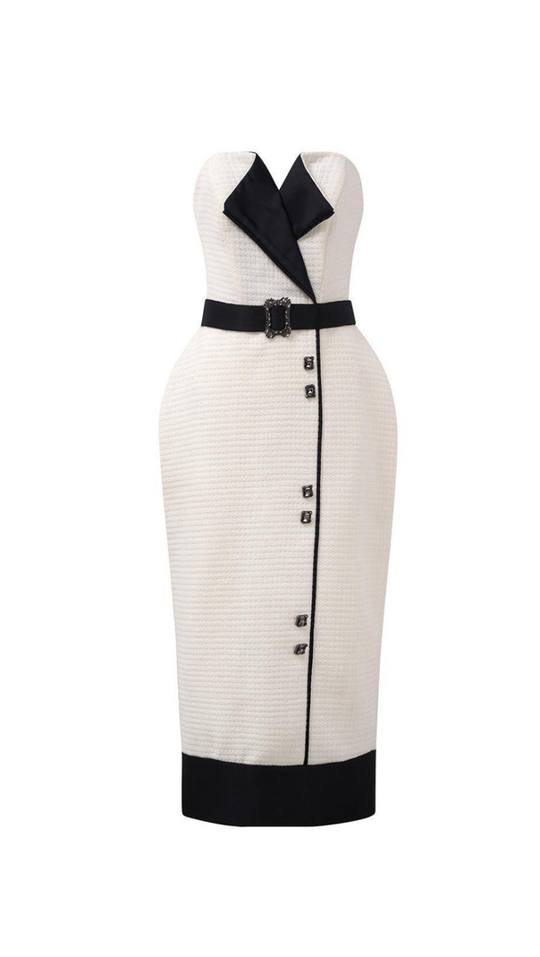 AIIZIE REGINA PEGGED SEMI-HEART NECK TWEED MIDI DRESS - product image