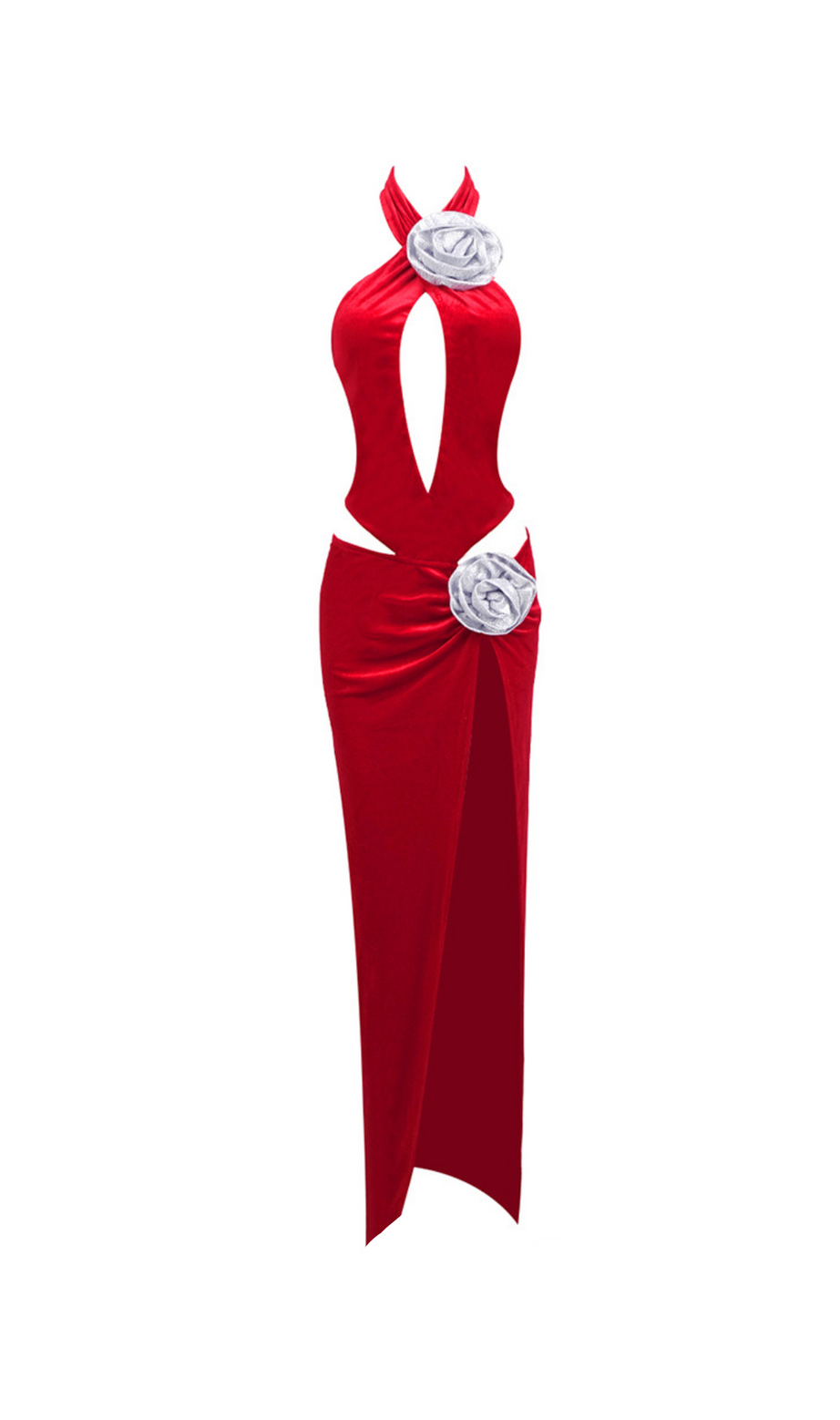 HAZEL CRYSTAL ROSE FLOWER CUTOUT MAXI DRESS IN RED