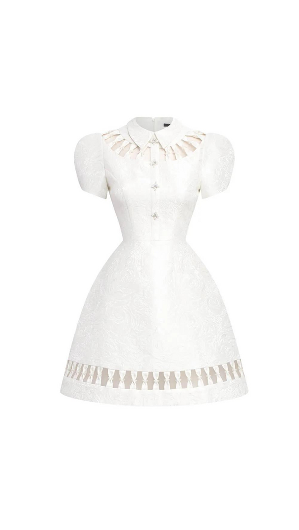 AIIZIE EARTHA WHITE PUFFY HOLLOW BROCADE MINI DRESS - product image
