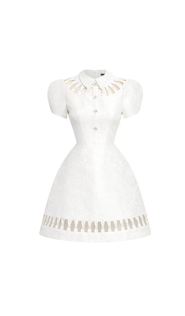 EARTHA WHITE PUFFY HOLLOW BROCADE MINI DRESS