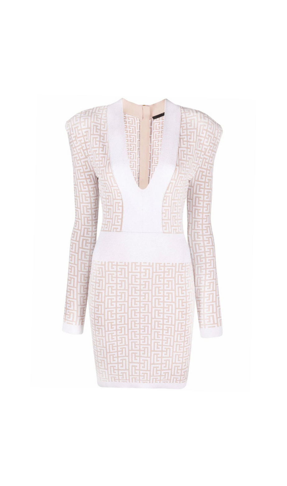 monogram-pattern long-sleeve dress in beige