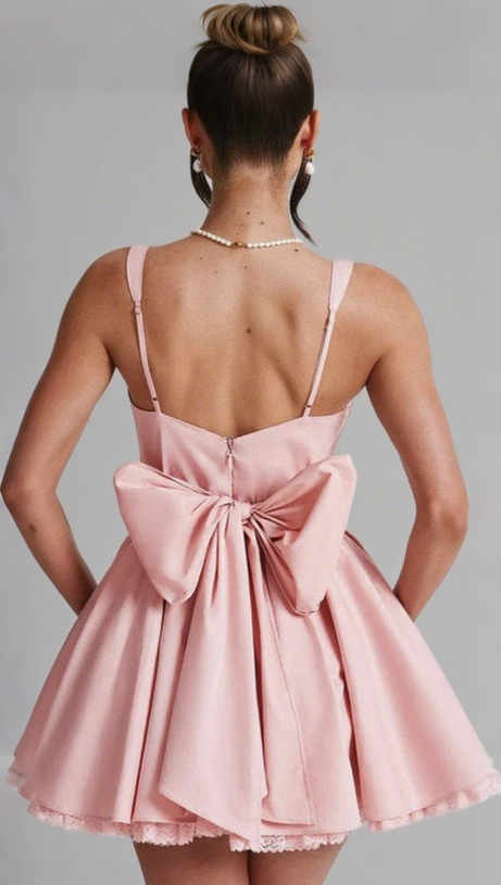 LACE RUFFLE TRIM CORSET MINI DRESS IN PINK