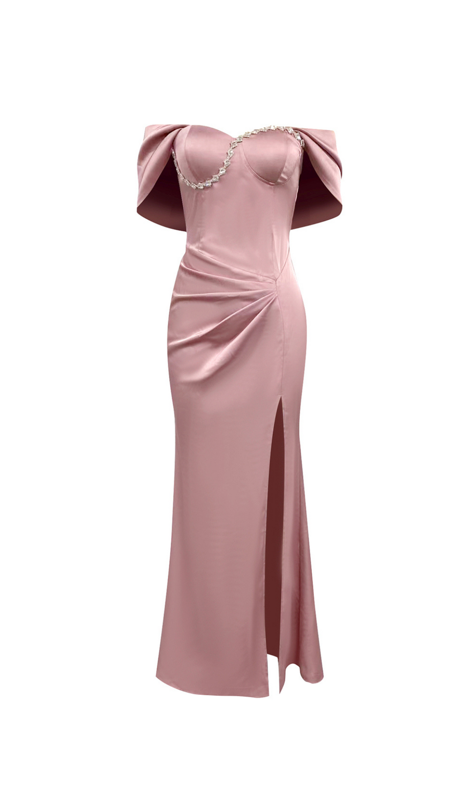 OFF-SHOULDER CRYSTAL DETAIL SATIN MAXI DRESS IN PINK