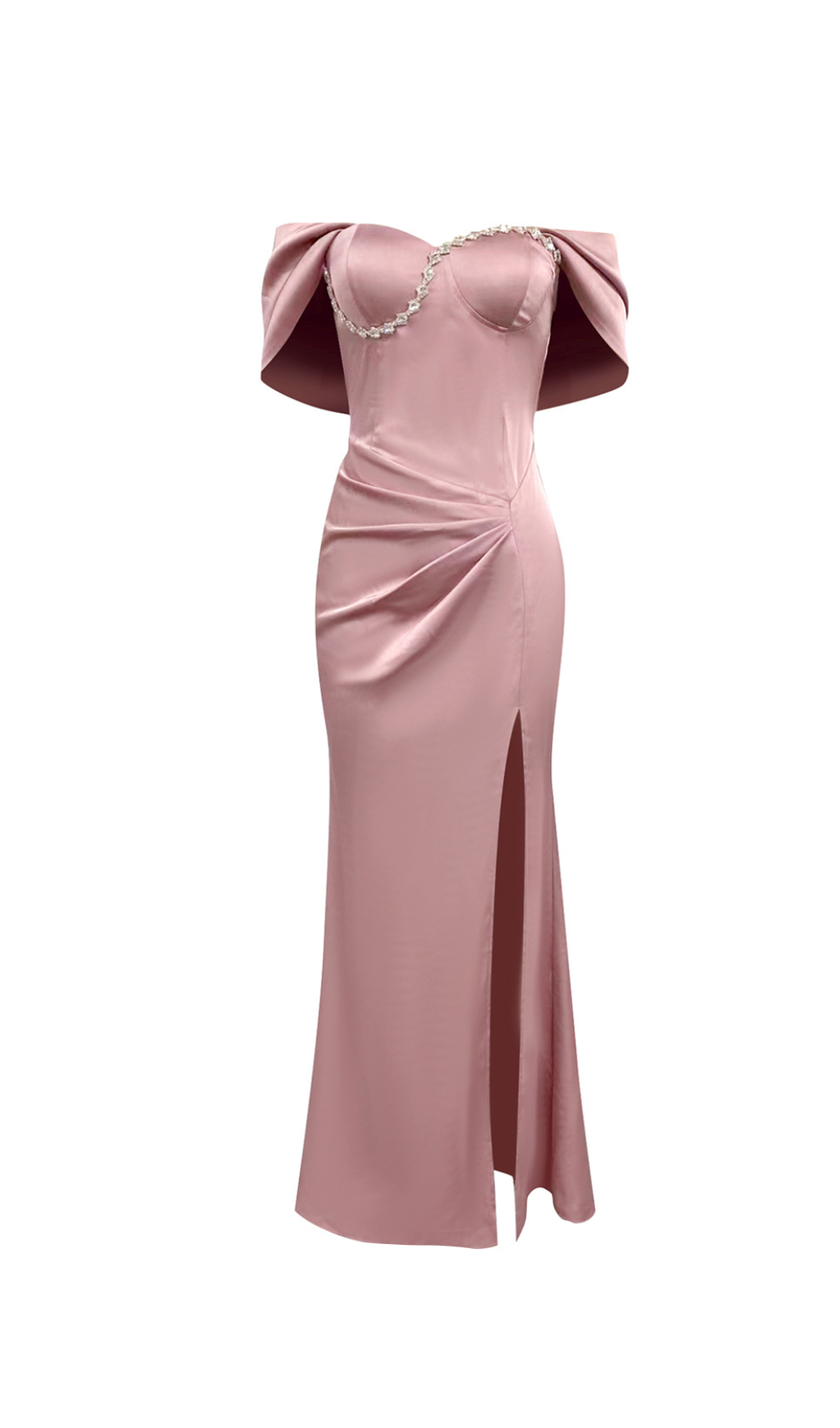OFF-SHOULDER CRYSTAL DETAIL SATIN MAXI DRESS IN PINK
