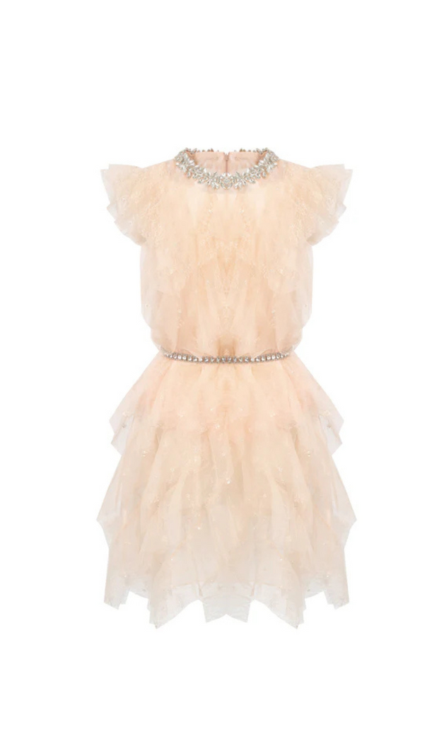 AIIZIE CRYSTAL EMBELLISHED RUFFLE MINI DRESS IN PALE PINK - product image