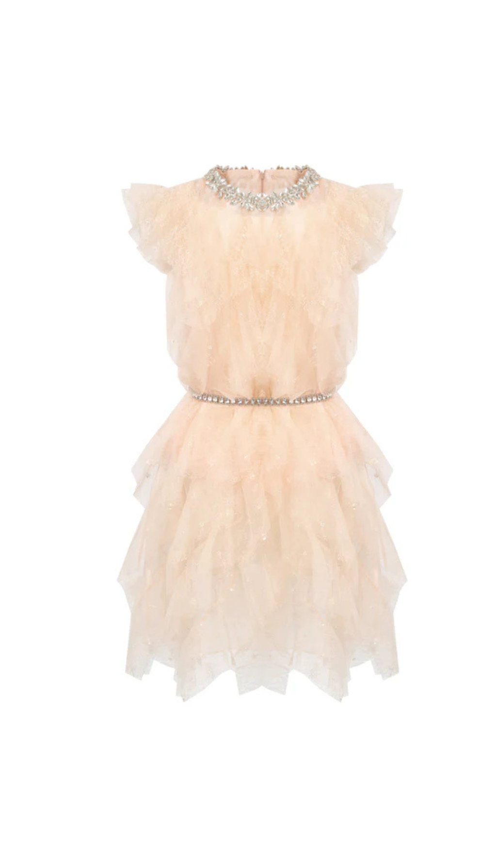 CRYSTAL EMBELLISHED RUFFLE MINI DRESS IN PALE PINK